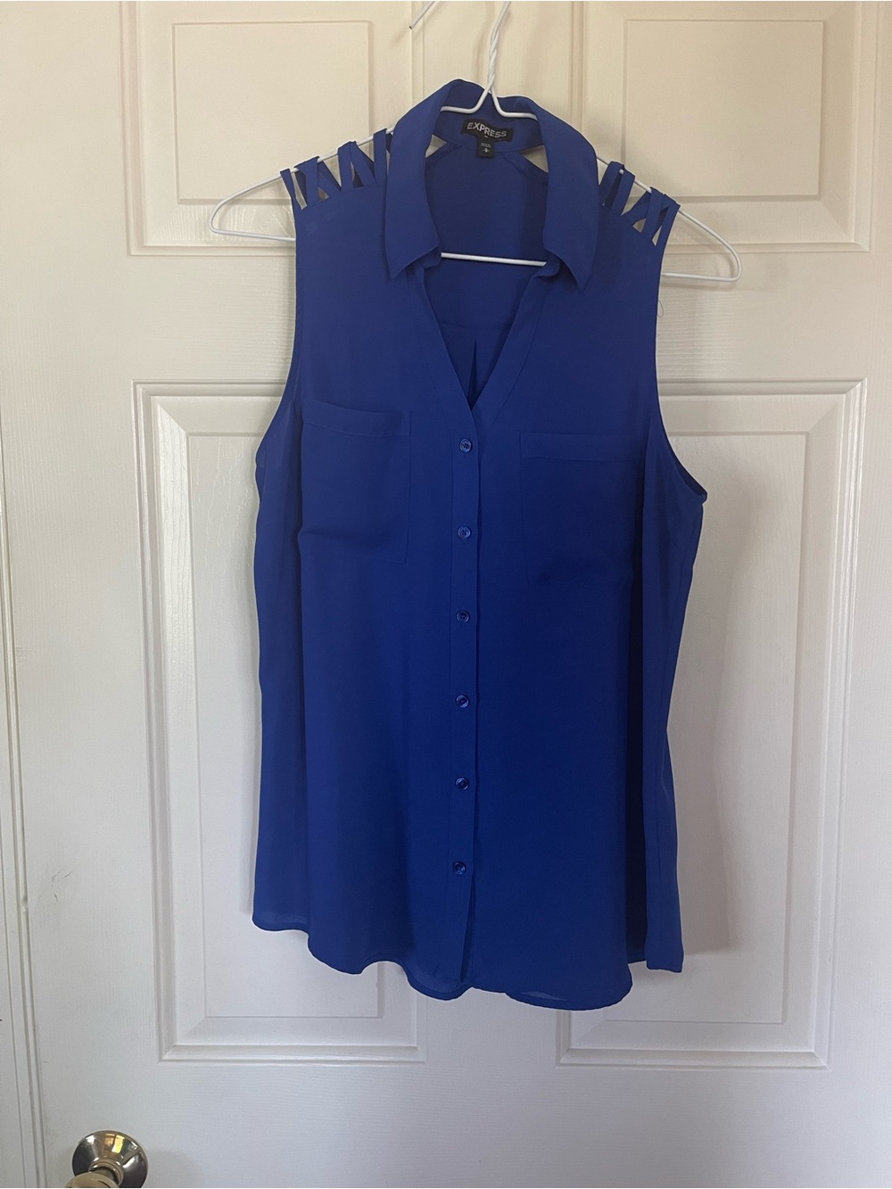 Express Sleeveless Button-Front Blouse in Cobalt Blue